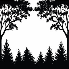 Fir trees silhouettes, Coniferous spruce horizontal background patterns, black evergreen woods vector illustration. Beautiful hand drawn panorama with treetops forest, forest silhouette