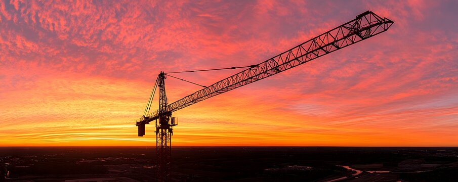 Silhouette of a construction crane against a vibrant sunrise sky