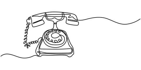 Old telephone continuous one line art drawing of outline vector illustration design, Continuous Line Drawing Of Rotary Telephone. One Line Of Old Telephone. Telephone Rings with Handset minimalist.
