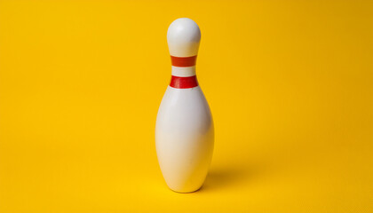 Single bowling pin isolated on bright yellow background. Leisure, sport and competition.