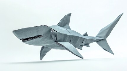 A detailed origami shark made from paper, showcasing intricate folds and a realistic design.