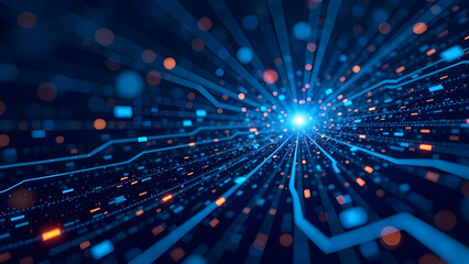 Obraz premium futuristic fiber optics background with lots of blue and orange light spots, banner