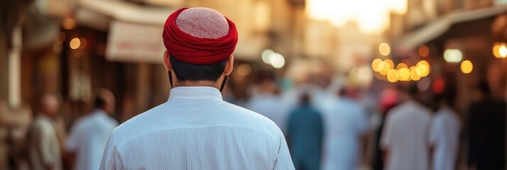 Obraz premium An individual dressed in a traditional outfit strolls through a bustling marketplace, showcasing the vibrant culture and community spirit of the area in lively interaction.