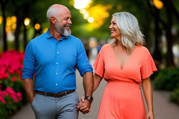 Cheerful aged couple taking a relaxing stroll through a scenic park on a sunny spring day.