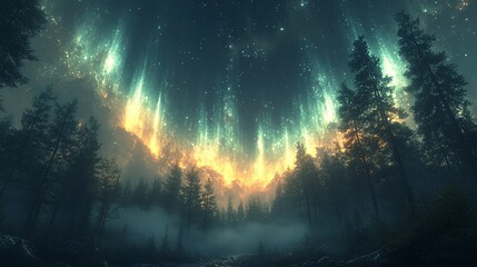 Obraz premium aurora borealis, northern lights in a misty forest