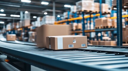 Packages Moving on Conveyor Belt in Modern Warehouse Environment