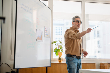 Fototapeta premium A professional trainer delivers an interactive business workshop, discussing corporate growth strategies. The audience listens intently, taking notes and engaging in an insightful discussion