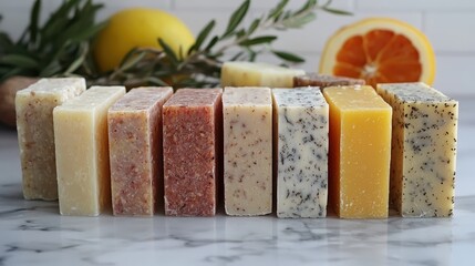 Colorful Assortment of Handmade Natural Soaps on Marble Surface