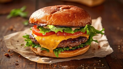 Cheeseburger with oozing cheddar cheese, crisp lettuce, and juicy tomatoes, served on a rustic wooden table with scattered crumbs. -