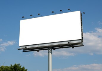 Obraz premium A large white blank billboard mounted on a metal pole, set against a clear, blue sky, showcasing a billboard mockup.