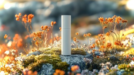 Bright outdoor setting showcasing a white cosmetic nestled among colorful wildflowers and rocks