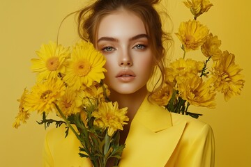 Model holding yellow flowers. Yellow-emphasized atmosphere. Studio lighting and background. Elegant model, facial expressions of an actor. Forsythia, dandelion, sunflower.