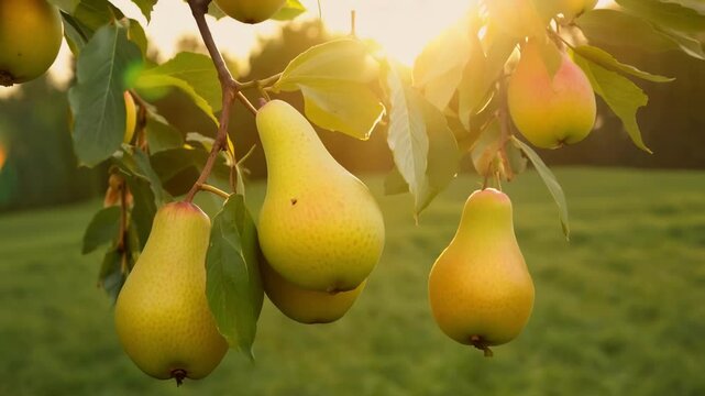 Ripe pears hanging from tree branches at sunset in lush green orchard. concept of harvest season, organic farming, fresh produce, natural beauty