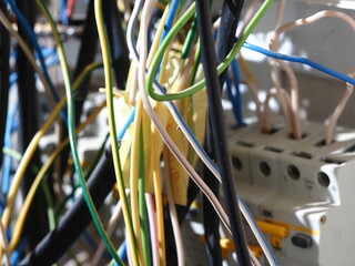 installation of cable on wall and ceiling electrical wiring of house construction