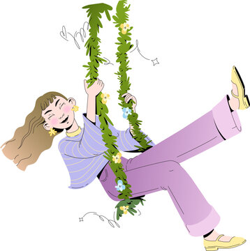 Vector illustration of a girl swinging on a swing made of flowers, designed in a cartoon style. The illustration features a whimsical, dreamy scene with vibrant colors and playful details.