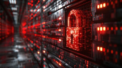 Digital Lock on Data Server Representing Cybersecurity Concept