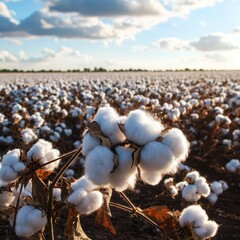 Cotton Field Under Blue Sky with Fluffy Clouds in Background