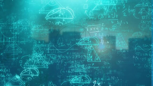 Animation of mathematical equations and diagrams overlaying blue background in school
