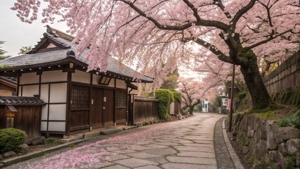 Obraz premium Quiet Japanese street with cherry blossoms and traditional houses