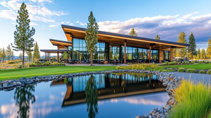 Fototapeta premium Modern Lakeside Retreat: This stunning architectural masterpiece seamlessly blends with its natural surroundings, offering a serene escape with a reflection of the sky. 