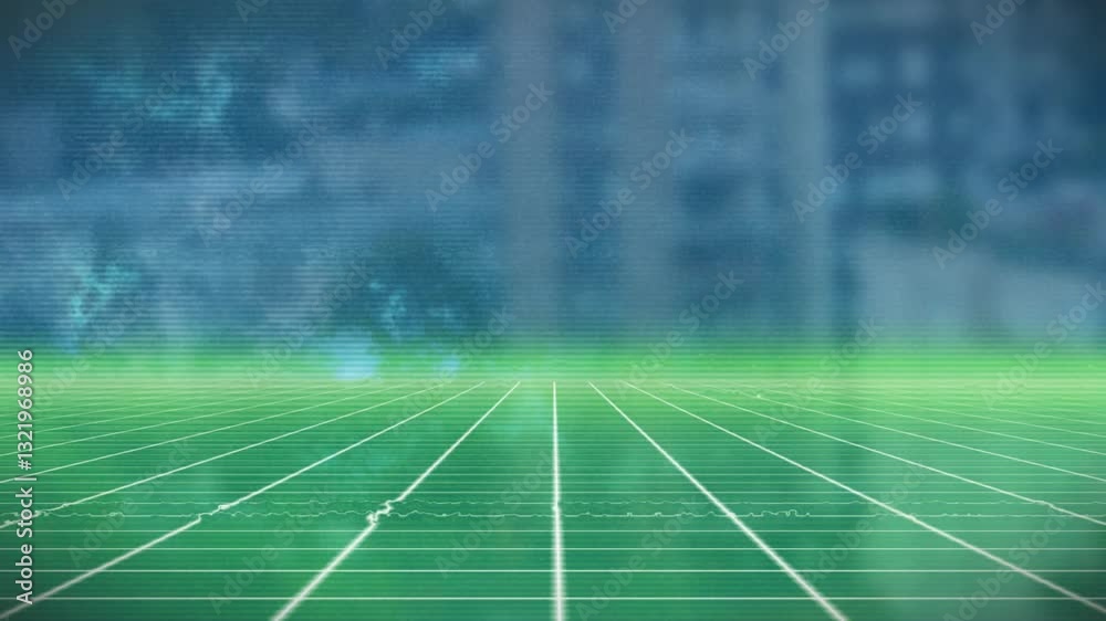 Poster futuristic animation with green grid pattern extending towards blurred blue background