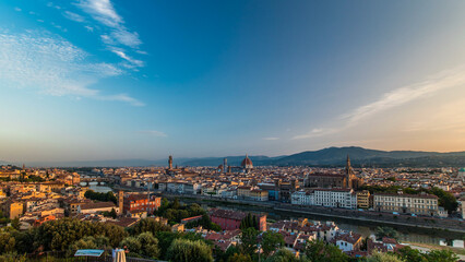Top view of Florence city timelapse at sunrise with arno river bridges and historical buildings
