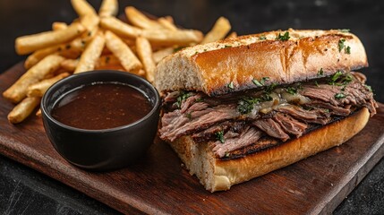 French dip sandwich with tender roast beef slices and a small bowl of au jus for dipping, served with fries. -