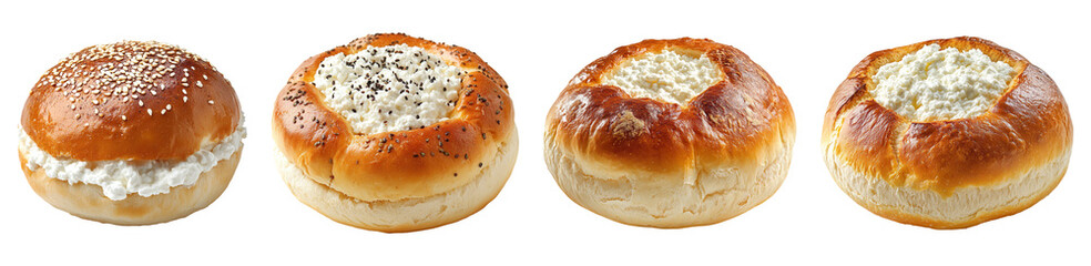 Collection of buns with cottage cheese isolated on transparent background