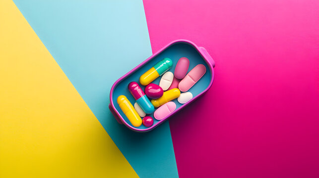un fondo colorido con espacio de copia con un pastillero abierto para control diario de la toma de medicamentos recordatorio de la medicacion tabletas y pastillas