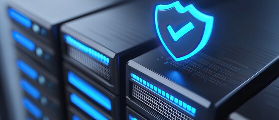 Fototapeta premium Server technology with a shield icon indicating security and protection.