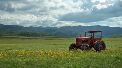 Obraz premium A classic red vintage tractor parked on farmland against a scenic landscape