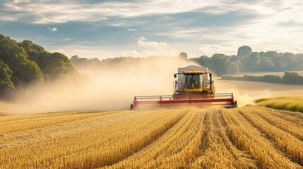 Naklejka premium A colorful combine harvester working in a wheat field while a tractor and trailer move alongside collecting grain from the elevator A dust cloud rises in the background Space for text