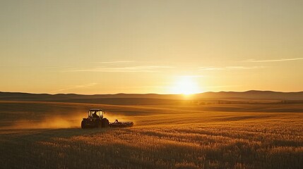 Fototapeta premium A farmer operating a tractor to prepare his field as the sun sets casting a warm glow over the landscape Rolling hills in the distance