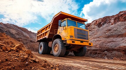 Fototapeta premium A dump truck hauling iron ore in a red quarry resembling the surface of Mars