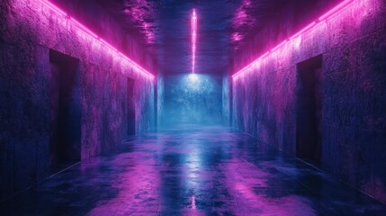 Dark hallway lit by neon pink lights with glowing blue end. Eerie