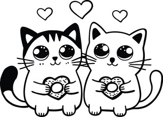 Cute Cartoon Cats Holding Donuts with Hearts in Love Doodle Style Art
