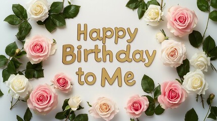 **Bold "Happy Birthday to Me" text in elegant gold foil on a pristine white background, surrounded by delicate pink and white roses.