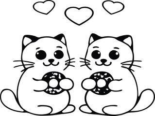 Cute Cartoon Cats Holding Donuts with Hearts in Love Doodle Style Art
