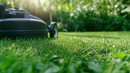 A lawn mower operating on a lush green lawn under a bright sunny sky