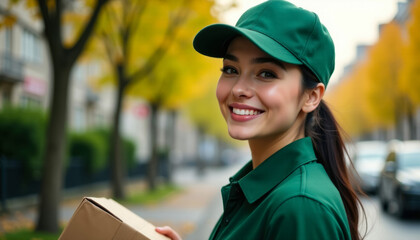 portrait of young smiling female courier in green uniform holding parcel on street, delivery concept