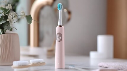 Modern, pink electric toothbrush on a bathroom vanity