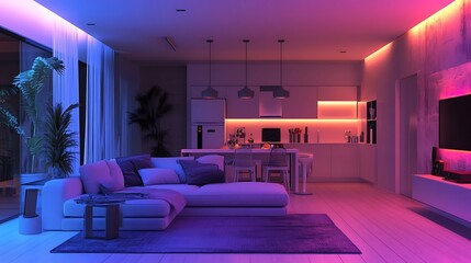 Modern open-plan living area with vibrant, ambient lighting