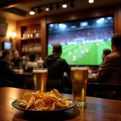 The perfect pub setting with great food and drinks. A cheesy pizza with golden crust is ready to be enjoyed. Two glasses of beer sparkle under the warm lights, while a football match plays.