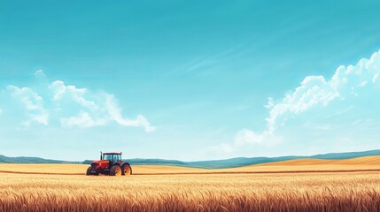 Fototapeta premium A perspective view from behind a tractor in a recently harvested wheat field with a blue sky clouds rolling hills and space for text