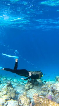 An woman snorkeling through clear blue water near coral formations in Bora Bora, surrounded by various fish.