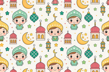 Cute Islamic pattern with children and mosque elements