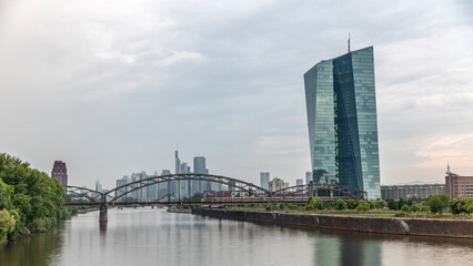 Hyperlapse of Frankfurt skyline featuring the modern ECB headquarters skyscraper. Frankfurt am...