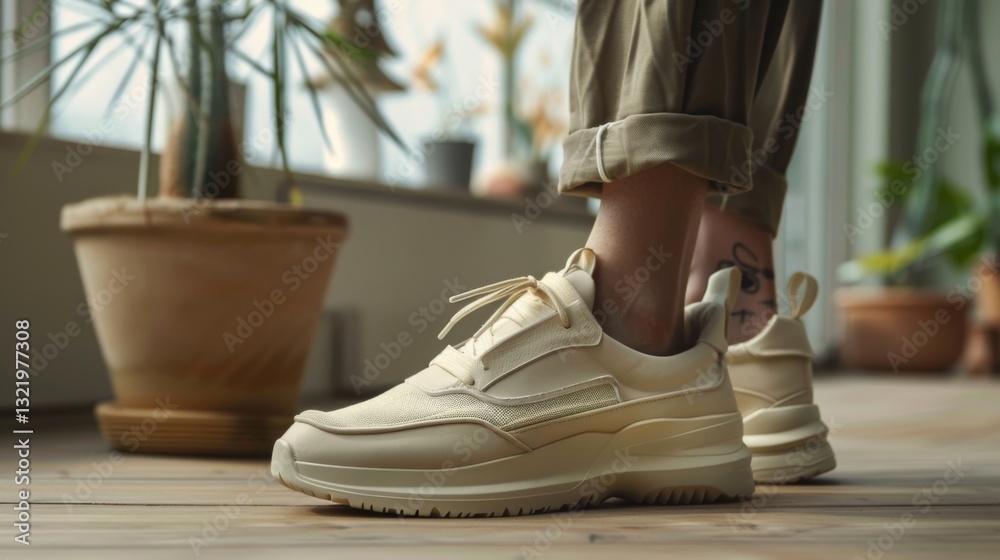 Aufkleber Casual footwear in a light hue is worn by a person indoors. The setting features natural light filtering through windows and various indoor plants, creating a relaxed atmosphere.