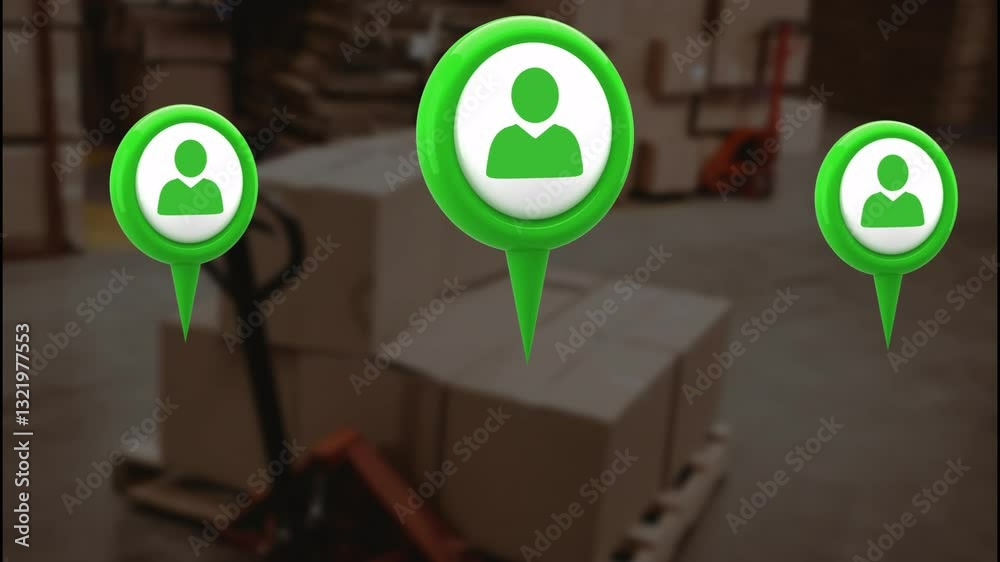 Poster animation of green user icons floating in warehouse with stacked boxes