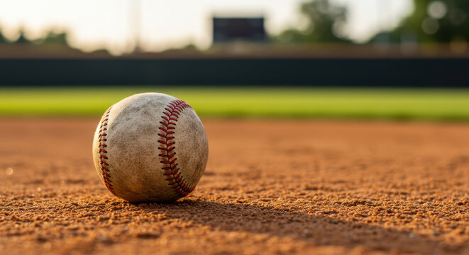Baseball on Diamond: Game Ready! | Rawlings Leather Ball, Classic Americana, Summer Sport, Close-Up Field View.